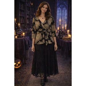 Whimsigoth‎ Fairycore Silky Glam Black Tan Sequins Faux Wrap V Neck Large Top